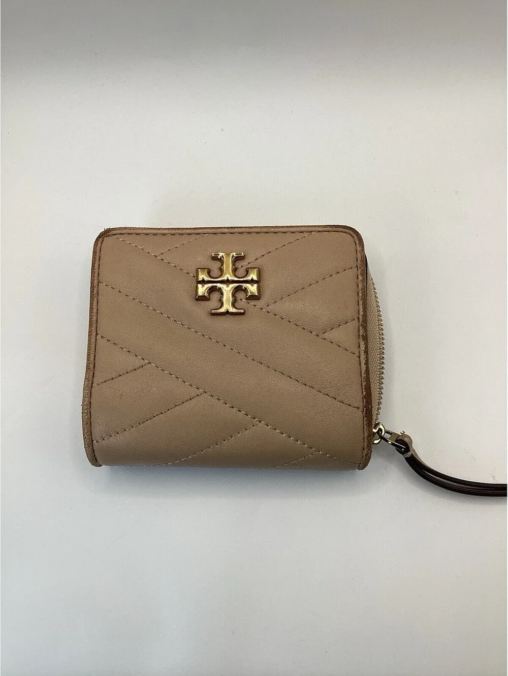 Tory Burch Beige Zip-Around Wallet w/ Logo & Zipper, Credit Card Slots Women